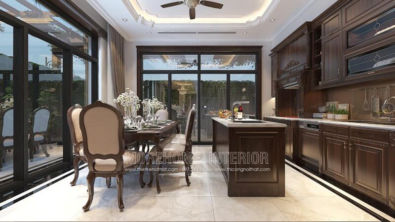 Tủ bếp đẹp theo kiểu dáng tân cổ điển luôn mang trong nó một vẻ đẹp nghệ thuật, vừa sang trọng quý phái vừa mềm mại trẻ trung Tủ bếp hiện đại, tủ bếp chữ u, tủ bếp chữ i, tủ bếp chữ l