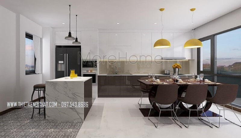 Bố trí phòng ăn lồng phòng bếp hiện đại tạo nên không gian vừa đẹp vừa tiện nghi vừa sang trọng. Thiết kế phòng bếp, tủ bếp đẹp