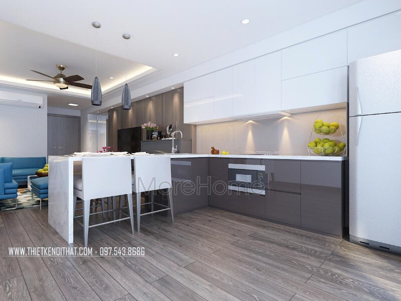 Mẫu tủ bếp gỗ công nghiệp được thiết kế phân chia nhiều ngăn giúp cho người nội trợ dễ dàng hơn trong việc sắp xếp và nấu nướng Tủ bếp đẹp