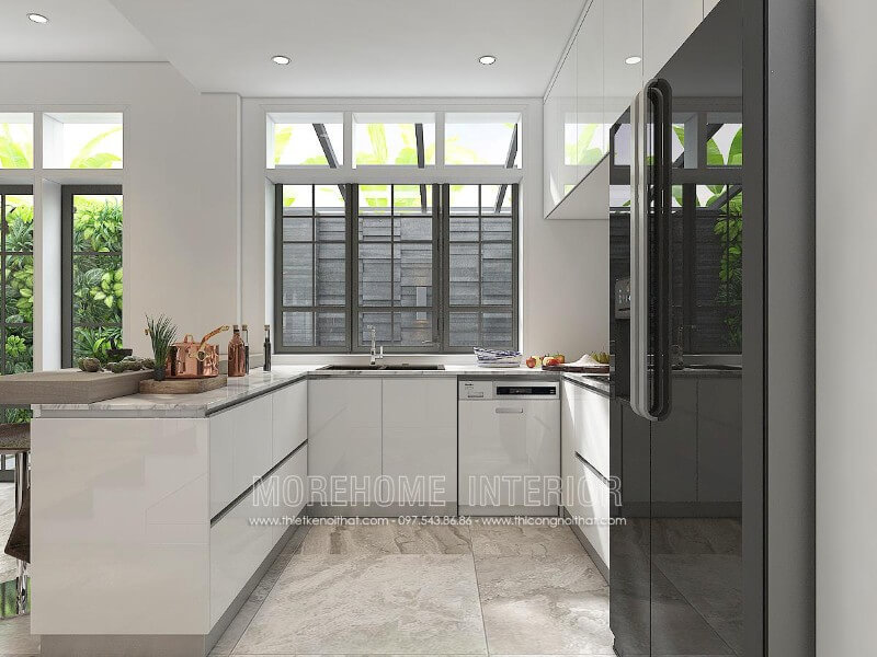 Tủ bếp treo trên kết hợp tủ bếp dưới, với sự phân chia ngăn tủ khoa học, hợp lí tạo cho bạn có thể lưu trữ vật dụng nhà bếp, cũng như gia vị nấu ăn Tủ bếp đẹp, sang trọng và đẳng cấp
