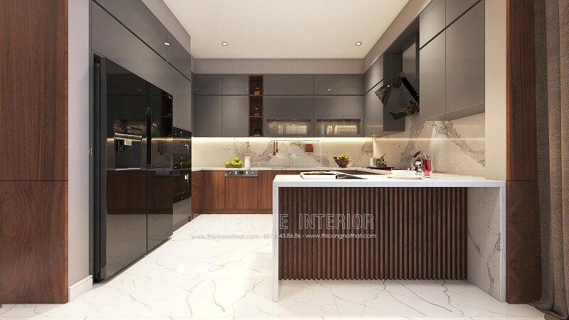 Tủ bếp gỗ acrylic đẹp sang trọng cho phòng bếp chung cư, nhà phố, biệt thự hiện đại. Thiết kế tủ bếp biệt thự sang trọng