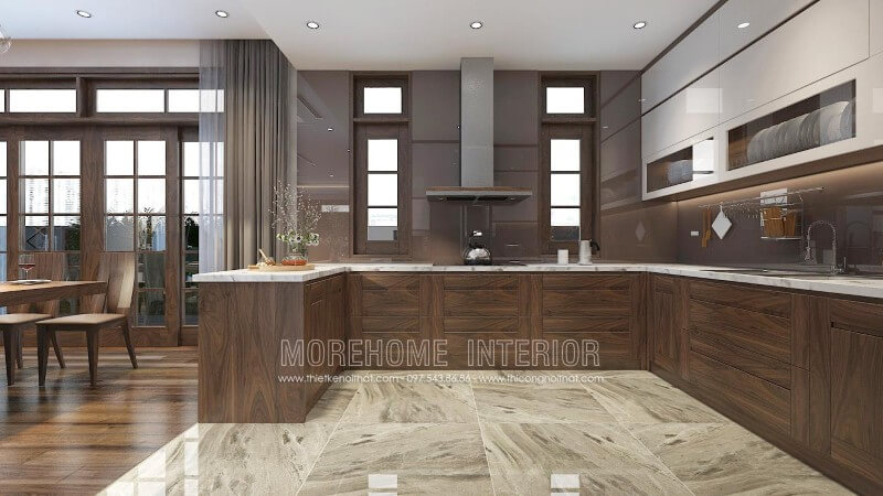 Thiết kế tủ bếp chung cư cao cấp với chất liệu gỗ óc chó nhập khẩu đóng vai trò chủ đạo tạo nên sự sang trọng, tinh tế, đồng thời thể hiện được sự đẳng cấp, gu thẩm mỹ của chủ nhân ngôi nhà Thiết kế tủ bếp đẹp