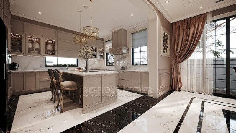 Mẫu tủ đảo bếp gỗ tự nhiên gam màu nâu nhạt kết hợp cùng đá ốp lát tạo nên vẻ đẹp nhẹ nhàng, thanh lịch nhưng không kém phần sang trọng tại biệt thự cao cấp Hải Phòng. Nội thất phòng bếp