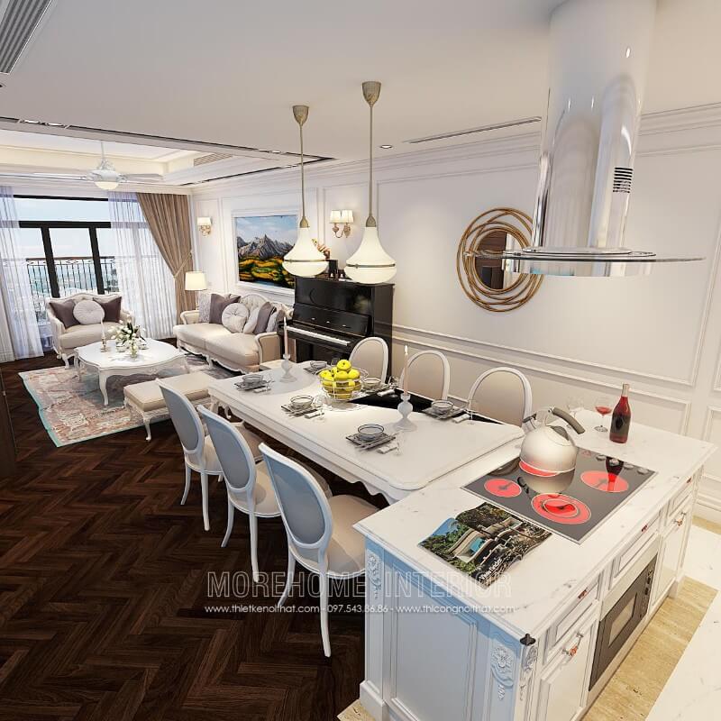 Tủ bếp gỗ tự nhiên được thiết kế tân cổ điển linh hoạt, hài hòa, từng đường nét chạm khắc tinh tế, tỉ mỉ, đã thành công tạo nên một không gian nội trợ đầy sang trọng và tiện nghi Thiết kế tủ bếp đẹp