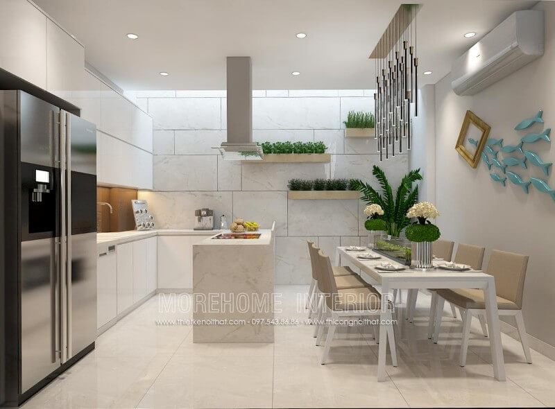 Mẫu tủ bếp gỗ công nghiệp nhẹ nhàng kết hợp màu trắng chủ đạo mang lại không gian nhà bếp hiện đại và rộng rãi hơn Thiết kế tủ bếp đẹp