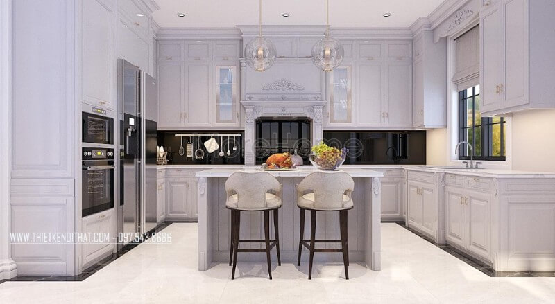 Tủ bếp chữ U cao cấp kết hợp với bàn đảo chính giữa tạo cho các bà, các mẹ dễ dàng nấu nướng và di chuyển, mang lại những bữa ăn nhanh chóng và ngon miệng hơn Thiết kế tủ bếp đẹp