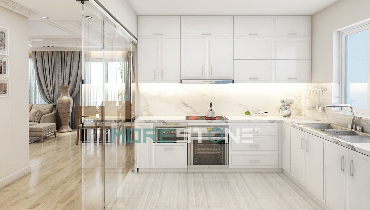 Đá trắng vân mây tạo cho căn bếp không gian sạch sẽ, hài hòa với thiết kế của tủ bếp Tủ bếp đẹp