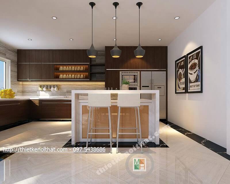 Mẫu tủ bếp gỗ công nghiệp màu nâu với thiết kế dài chữ L cho phòng bếp mang đến sự tiện nghi cho người nội trợ Tủ bếp đẹp