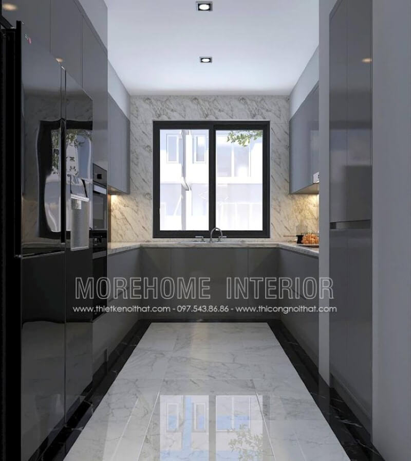 Với không gian bếp không được lớn, bạn nên trang trí nội thất với tủ bếp hình chữ U hiện đại gỗ acrylic trong đây với một bên bố trí tủ lạnh, lò vi sóng, lò nướng một bên là bếp từ nấu và tủ bếp đựng bát đĩa, xoong nồi cần thiết và ở giữa là chậu rửa là một trong những gợi ý giúp không gian bếp được phát huy tối đa công năng. Mẫu tủ bếp chung cư acrylic