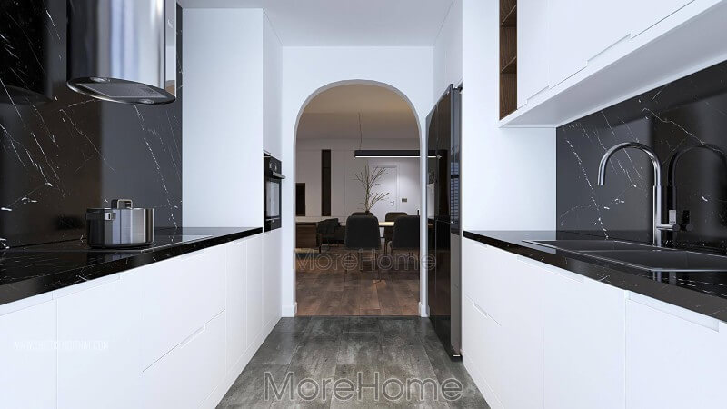 Không gian phòng bếp sang chảnh tiện nghi với mẫu đồ nội thất được làm bằng gỗ Acrylic bóng gương Thiết kế phòng bếp chung cư hiện đại