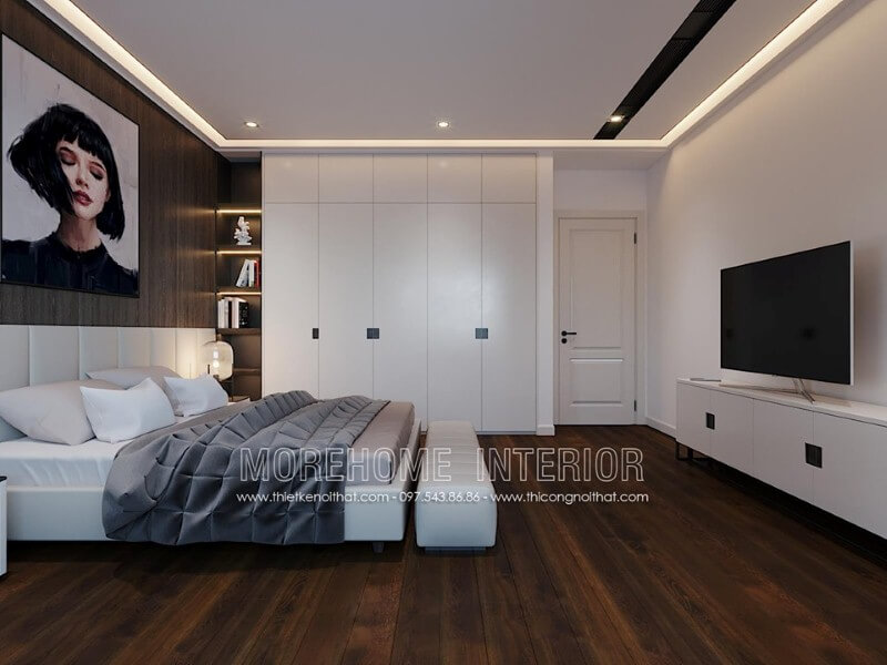 Bố trí nội thất phòng ngủ hiện đại ấn tượng với sàn gỗ óc chó cao cấp sang trọng. Thiết kế phòng ngủ biệt thự
