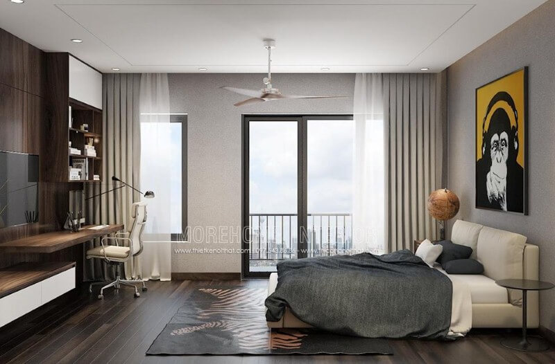 Ánh sáng giúp không gian luôn được thông thoáng khi được tận dụng tối đa từ hệ cửa chính, cửa sổ phòng ngủ hiện đại có ban công. Thiết kế phòng ngủ nhà phố