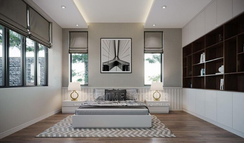 Tường sơn trắng tạo vẻ đẹp sang trọng, thanh lịch cho phòng ngủ hiện đại. Thiết kế phòng ngủ nhà phố
