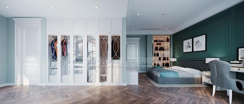 Tủ quần áo âm tường được trang trí âm tường tạo cảm giác thông thoáng ấn tượng cho phòng ngủ. Thiết kế phòng ngủ nhà phố