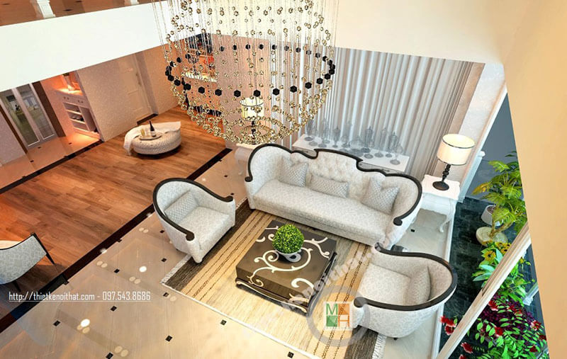 Thiết kế phòng khách sang trọng với nội thất sofa bọc nỉ tân cổ điển với đường cong nhẹ nhàng ở thân ghế tạo điểm nhấn ấn tượng sofa tân cổ điển
