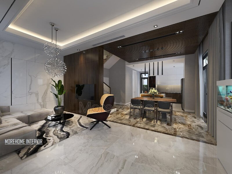 Mẫu trang trí phòng khách liền bếp hiện đại, độc đáo với đá làn sát phòng ăn tạo không gian ngầm tách biệt giữa khách và bếp. Thiết kế nội thất phòng khách biệt thự