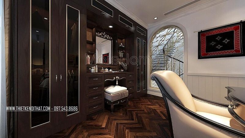 Mẫu tủ quần áo tân cổ điển được làm bằng gỗ tự nhiên kết hợp cửa kính sang trọng