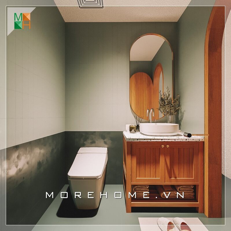 Mẫu kệ tủ gỗ nhà vệ sinh đơn giản, kết hợp mặt bàn và lavabo nổi được thiết kế sang trọng bằng đá nhân tạo cao cấp