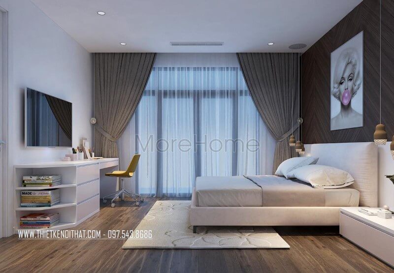 Ánh sáng tự nhiên là yếu tố không thể thiếu trong phòng ngủ của KTS. Sử dụng cửa kính cường lực sẽ giúp căn phòng trông rộng hơn và thoáng đãng hơn.